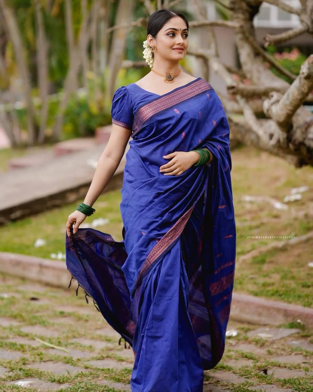 Embellished Royal Blue Soft Silk Saree With Charming Blouse Piece