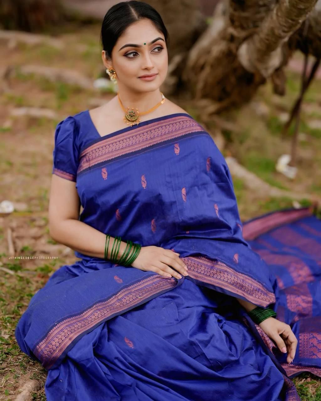Embellished Royal Blue Soft Silk Saree With Charming Blouse Piece