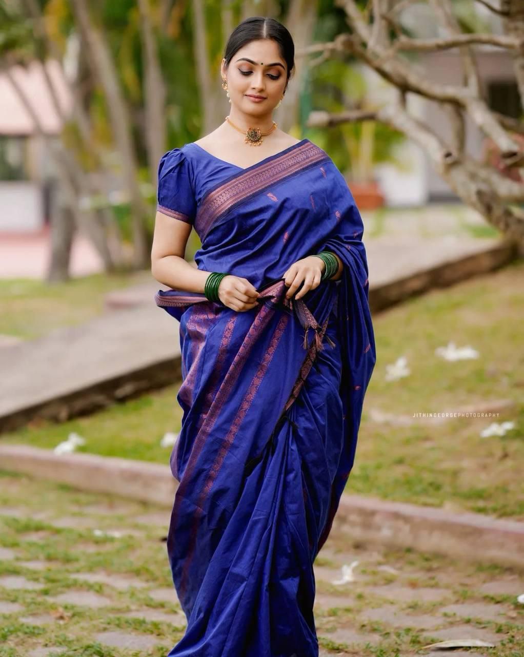 Embellished Royal Blue Soft Silk Saree With Charming Blouse Piece