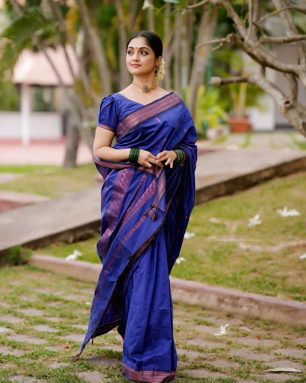 Embellished Royal Blue Soft Silk Saree With Charming Blouse Piece