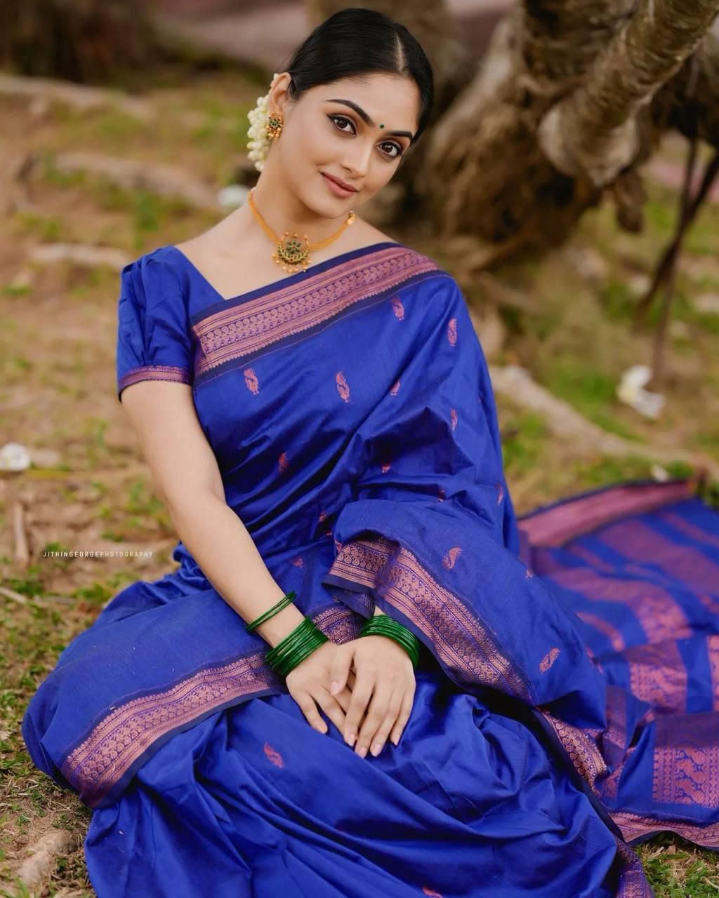 Embellished Royal Blue Soft Silk Saree With Charming Blouse Piece