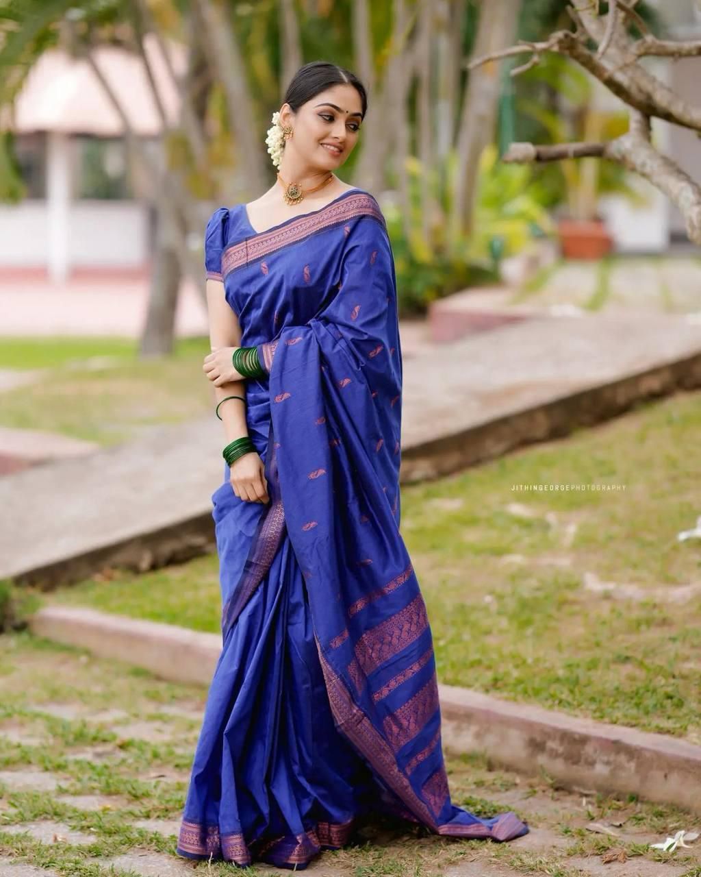 Embellished Royal Blue Soft Silk Saree With Charming Blouse Piece