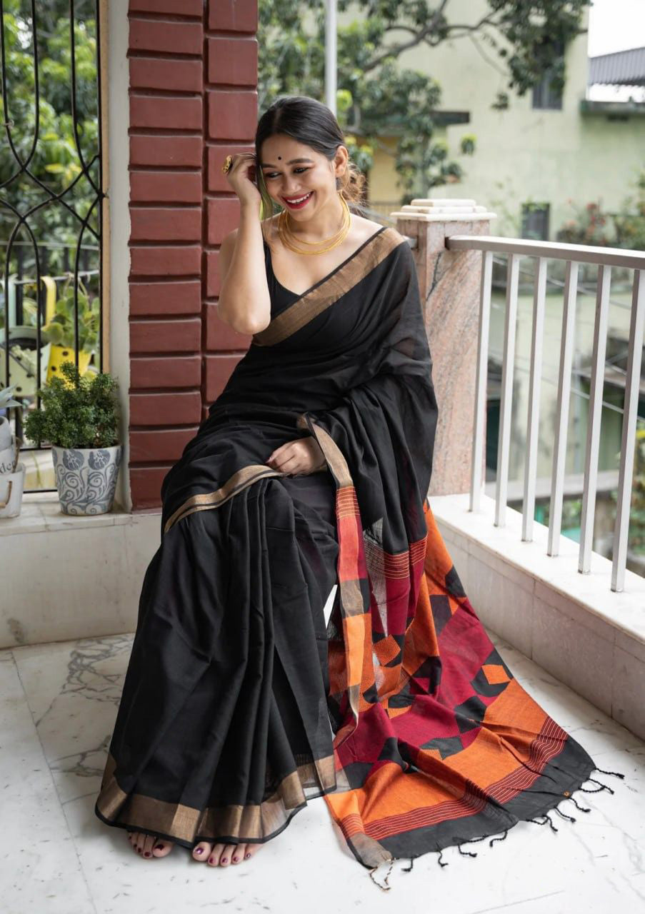 Quill Black Maheshawari Cotton Silk Saree