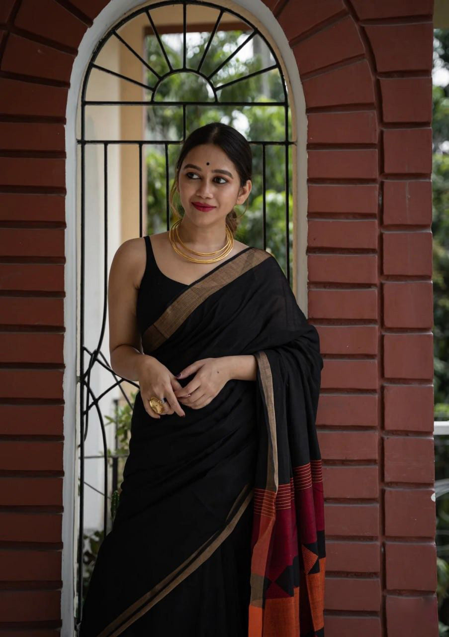 Quill Black Maheshawari Cotton Silk Saree