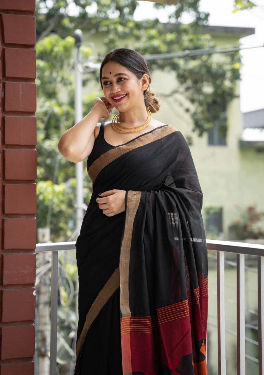 Quill Black Maheshawari Cotton Silk Saree