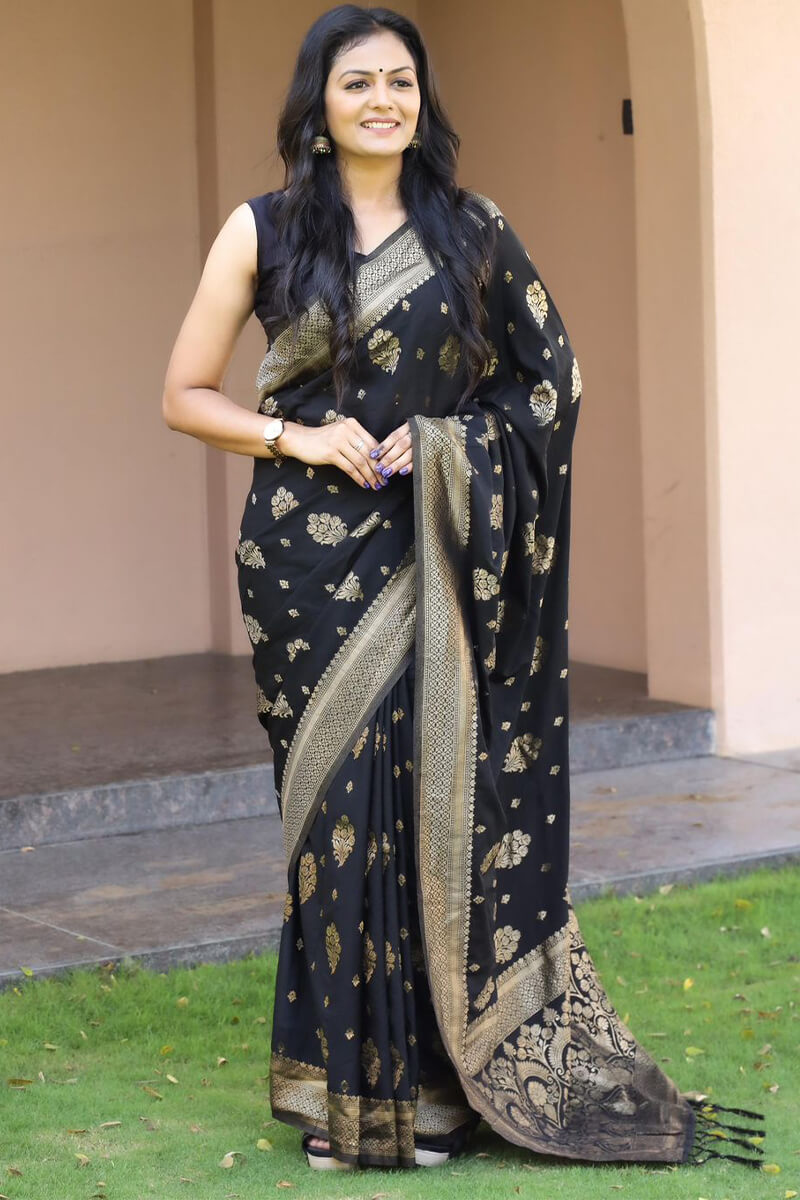 Adoring Black Soft Banarasi Silk Saree With Rhapsody Blouse Pieced