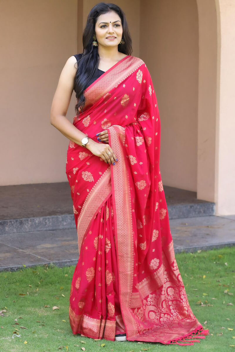 Classic Dark Pink Soft Banarasi Silk Saree With Imaginative Blouse Pieced