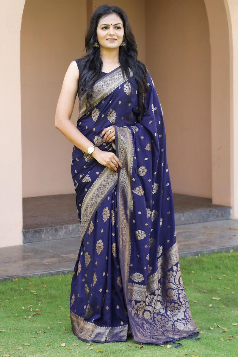 Fairytale Navy Blue Soft Banarasi Silk Saree With Woebegone Blouse Pieced