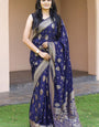 Fairytale Navy Blue Soft Banarasi Silk Saree With Woebegone Blouse Pieced