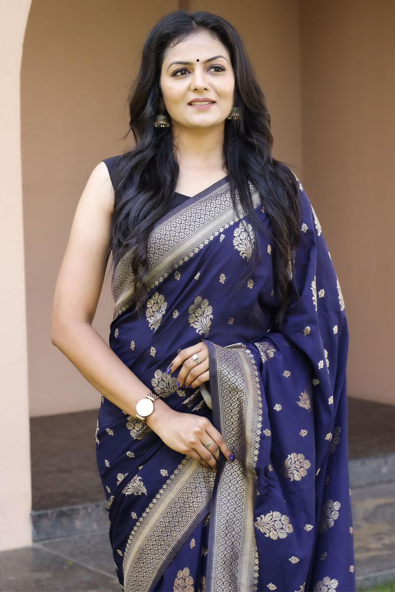 Fairytale Navy Blue Soft Banarasi Silk Saree With Woebegone Blouse Pieced