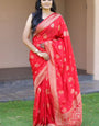 Inspiring Red Soft Silk Banarasi Saree With Invaluable Blouse Pieced