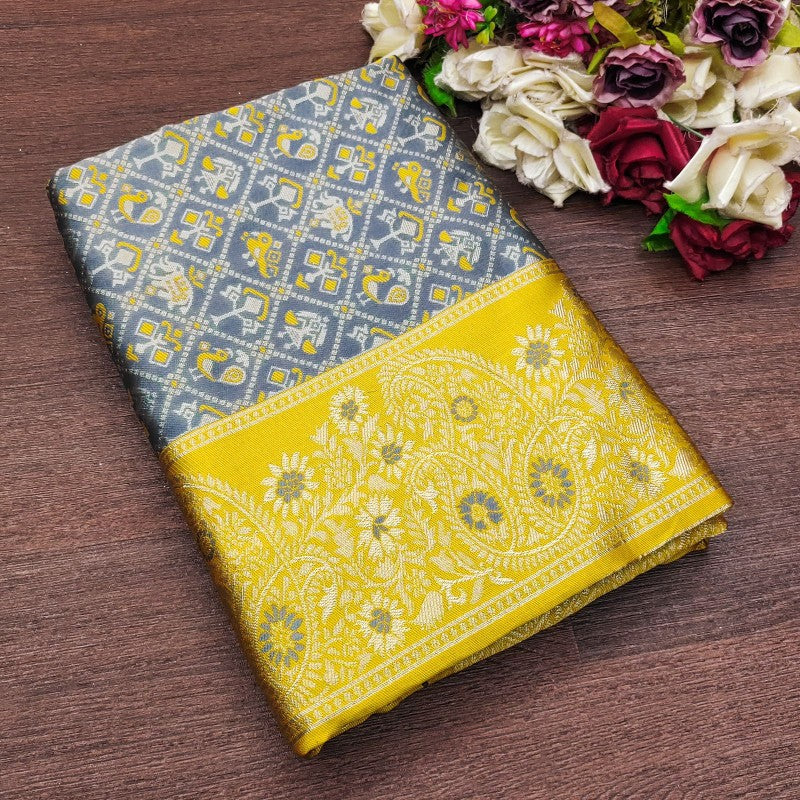 Charming Grey Soft Silk Saree With Outstanding Blouse Piece