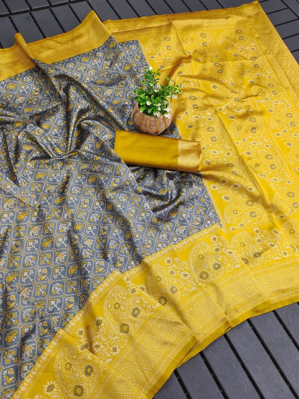 Charming Grey Soft Silk Saree With Outstanding Blouse Piece