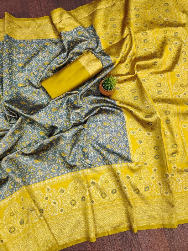 Charming Grey Soft Silk Saree With Outstanding Blouse Piece