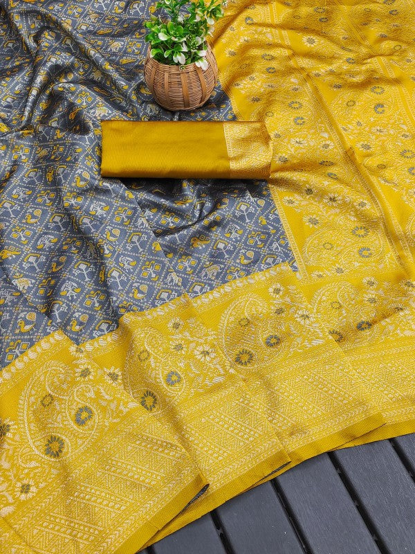 Charming Grey Soft Silk Saree With Outstanding Blouse Piece