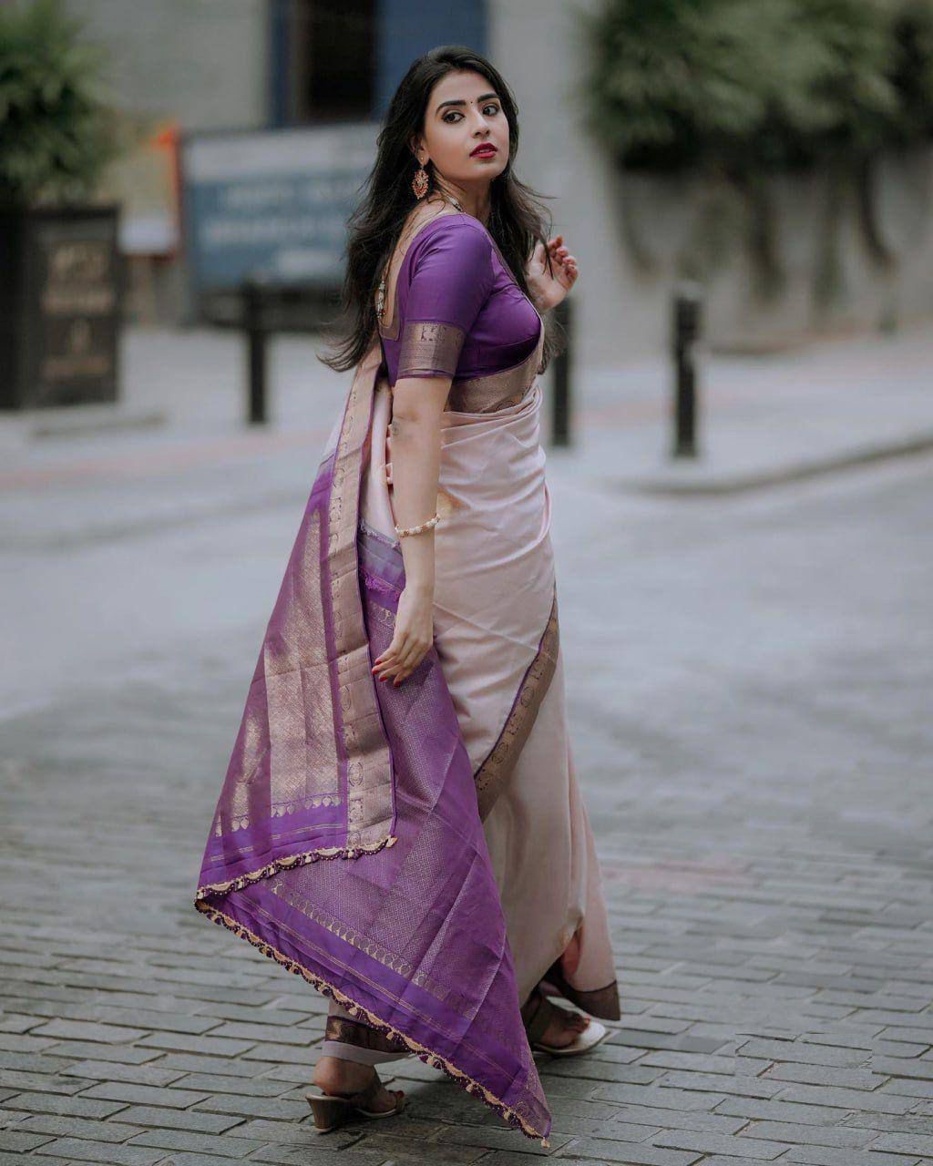 Opulent Peach Soft Silk Saree With Piquant Blouse Piece