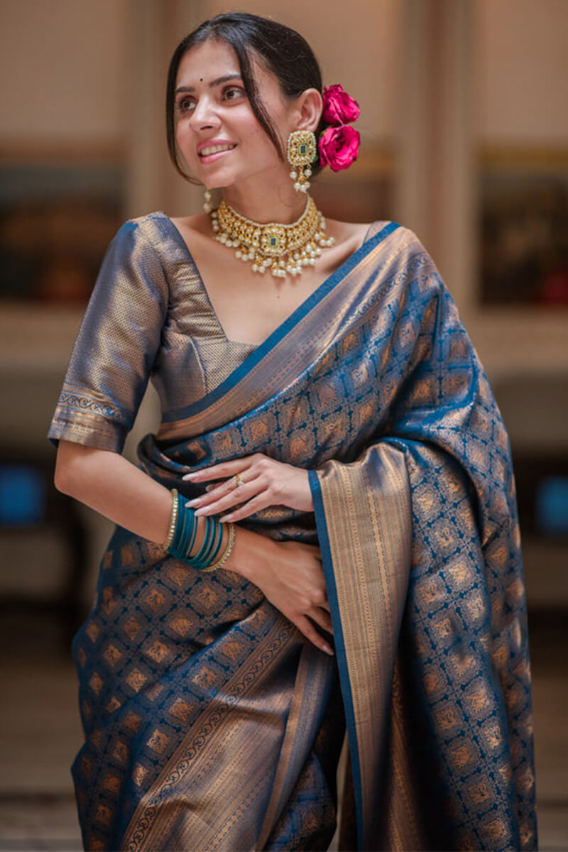 Proficient Navy Blue Soft Silk Saree With Ineffable Blouse Piece