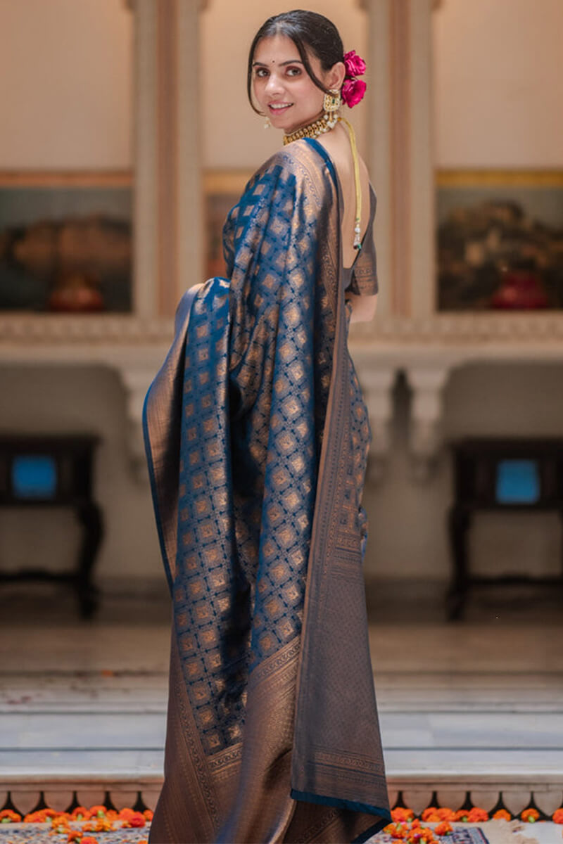Proficient Navy Blue Soft Silk Saree With Ineffable Blouse Piece