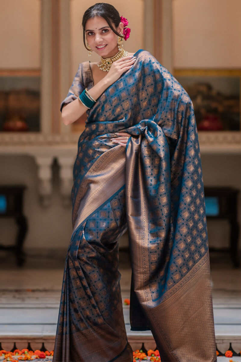 Proficient Navy Blue Soft Silk Saree With Ineffable Blouse Piece