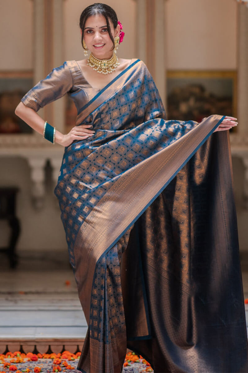 Proficient Navy Blue Soft Silk Saree With Ineffable Blouse Piece