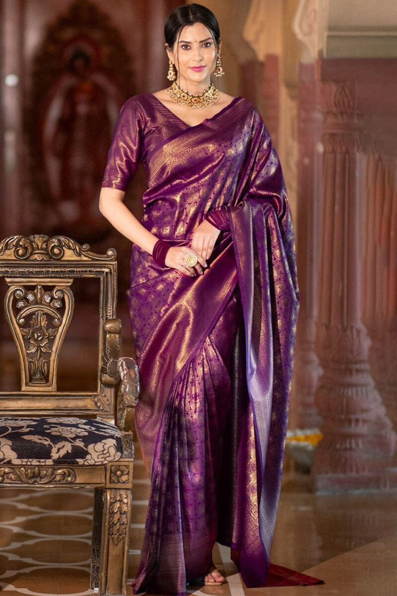 Outstanding Purple Soft Silk Saree With Glittering Blouse Piece