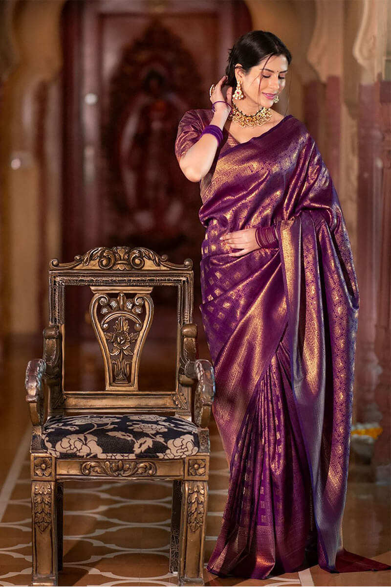 Outstanding Purple Soft Silk Saree With Glittering Blouse Piece