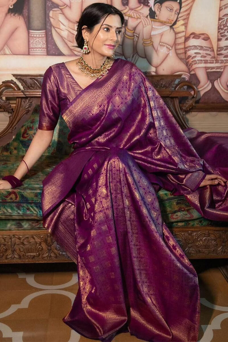 Outstanding Purple Soft Silk Saree With Glittering Blouse Piece