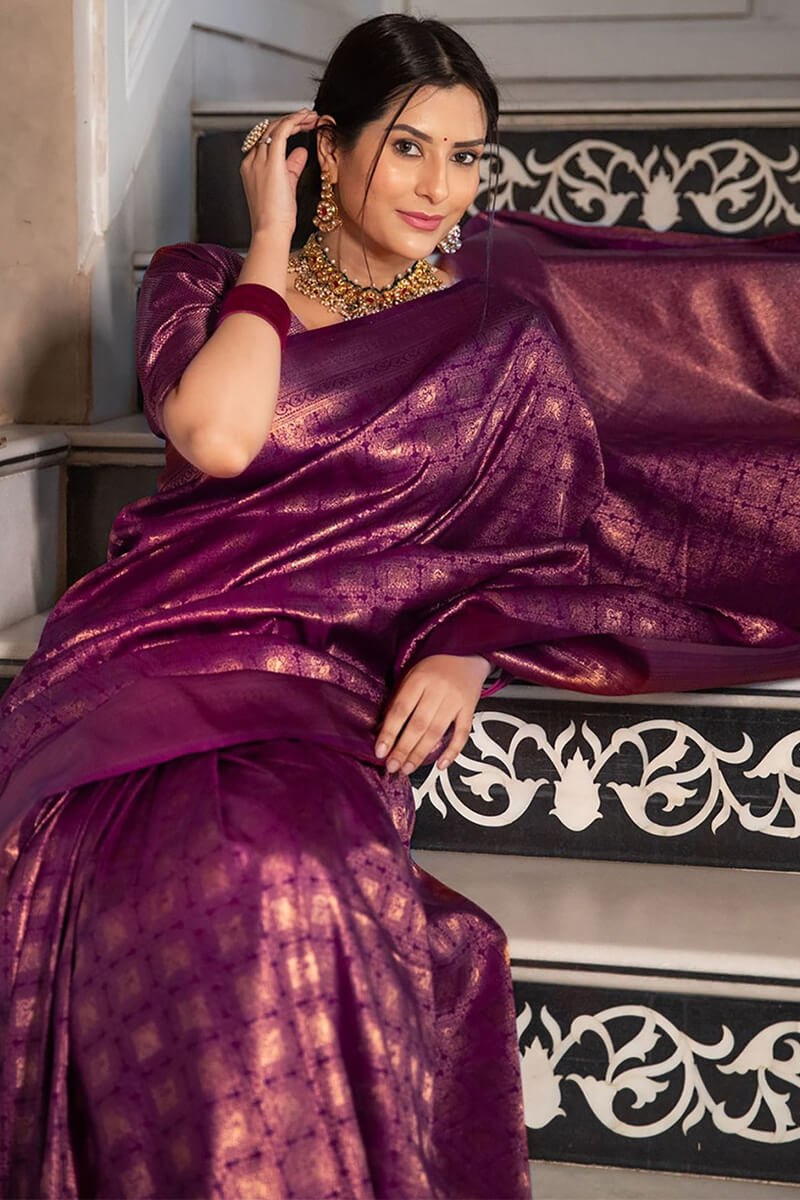 Outstanding Purple Soft Silk Saree With Glittering Blouse Piece