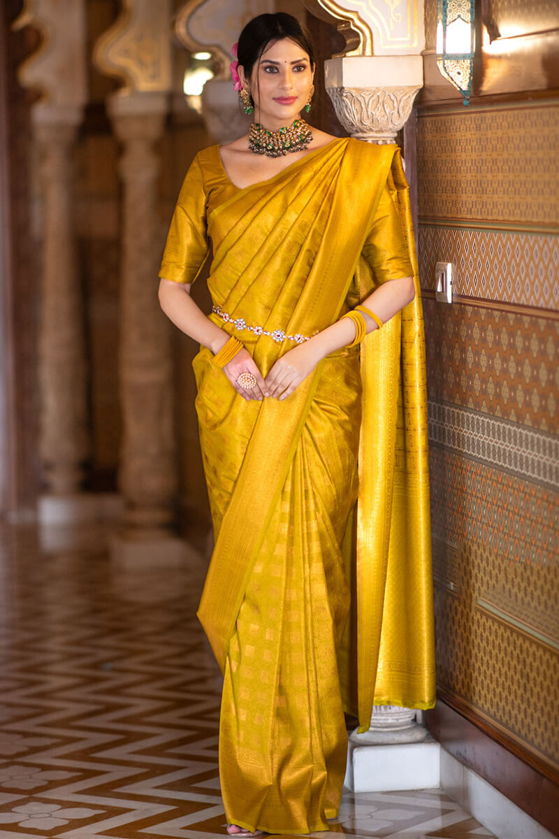 Supernal Yellow Soft Silk Saree With Energetic Blouse Piece