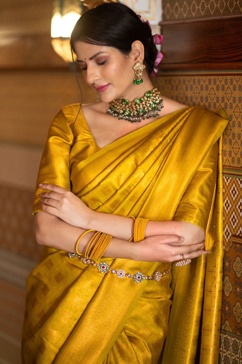 Supernal Yellow Soft Silk Saree With Energetic Blouse Piece