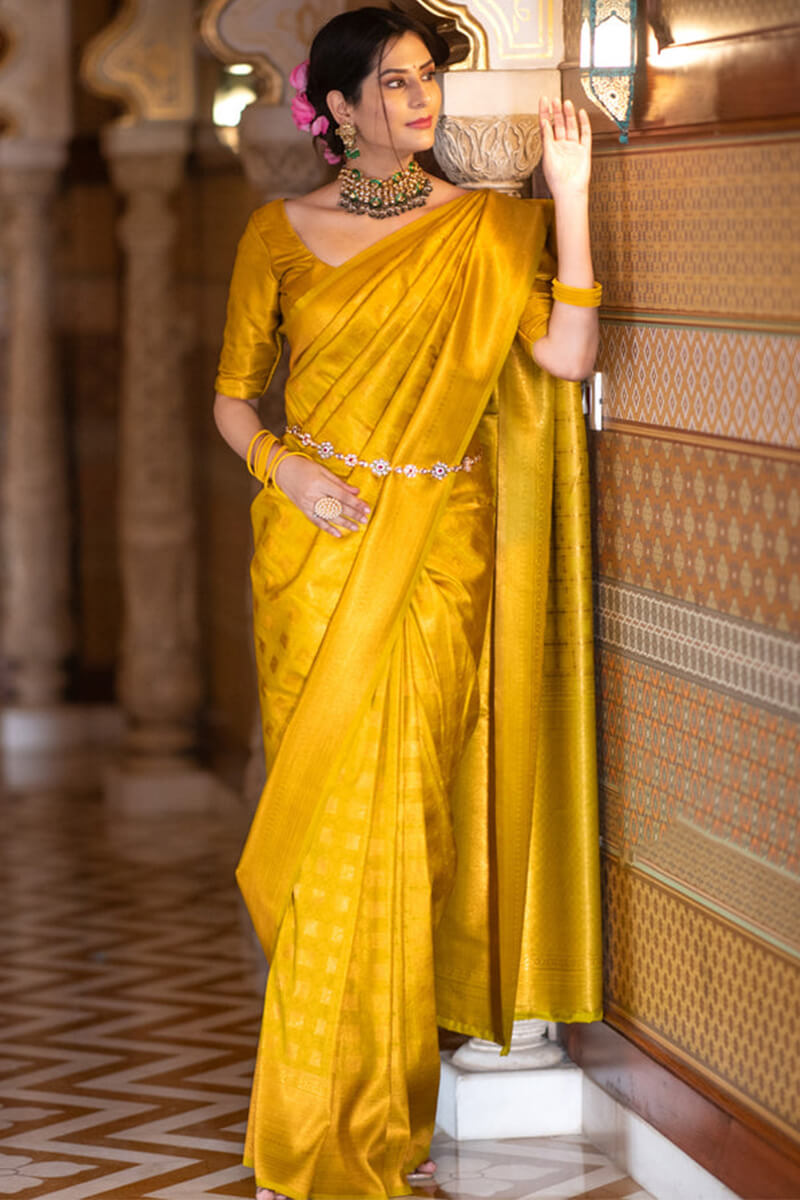 Supernal Yellow Soft Silk Saree With Energetic Blouse Piece