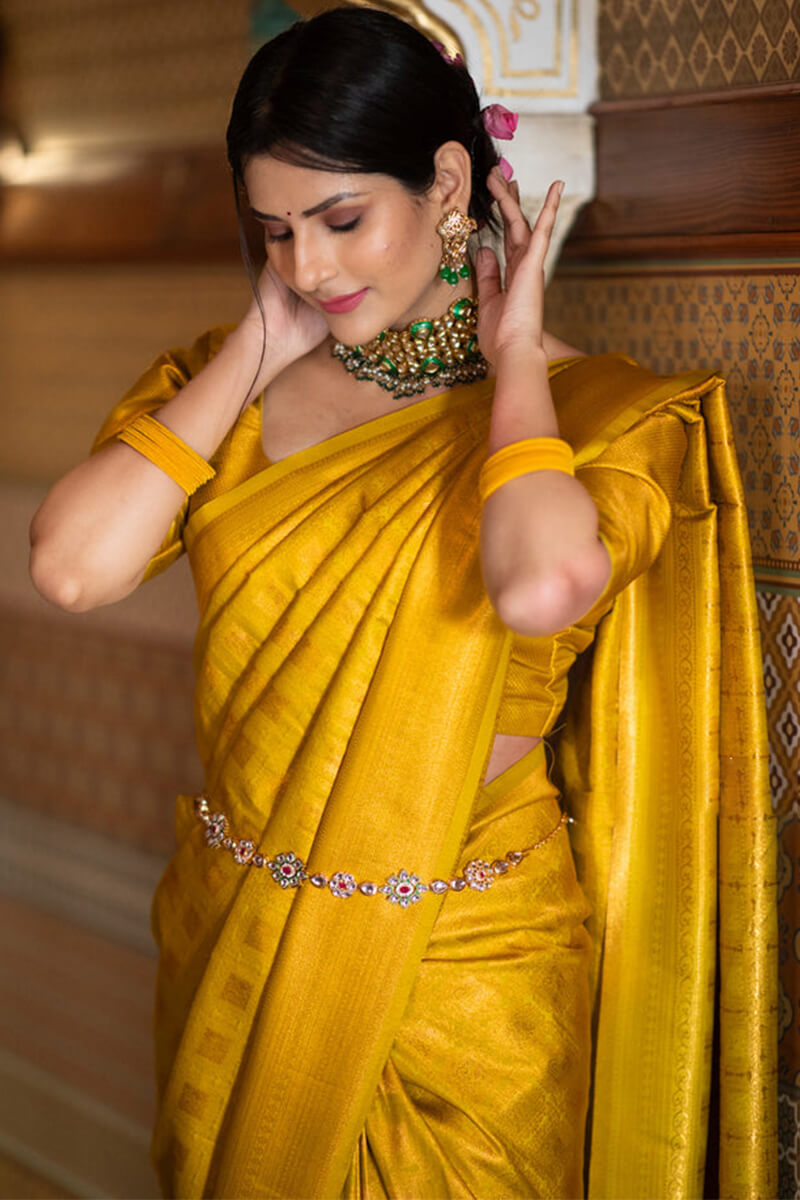 Supernal Yellow Soft Silk Saree With Energetic Blouse Piece