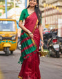 Capricious Red Cotton Silk Saree With Enigmatic Blouse Piece