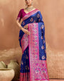 Quintessential Navy Blue Pure Zari Weaving Banarasi Silk Saree With Ailurophile Blouse Piece