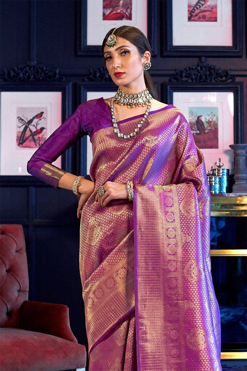 Stylish Purple Kanjivaram Silk Saree With Fugacious Blouse Piece