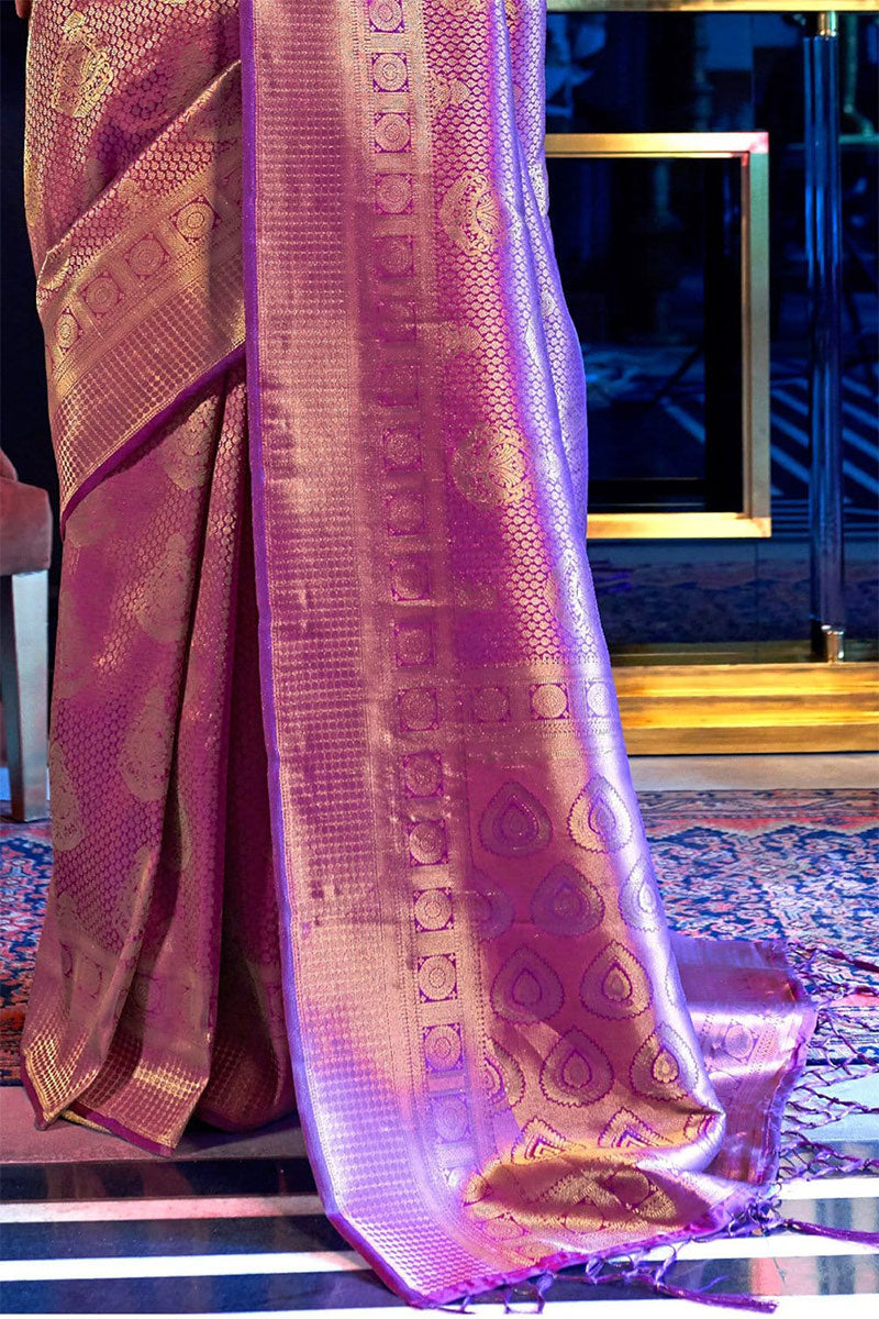 Stylish Purple Kanjivaram Silk Saree With Fugacious Blouse Piece