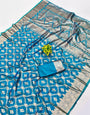 Murmurous Firozi Pure Zari Weaving Banarasi Silk Saree With Capricious Blouse Piece