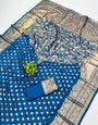 Dazzling Blue Pure Zari Weaving Banarasi Silk Saree With Stylish Blouse Piece