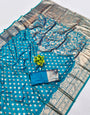 Entrancing Firozi Pure Zari Weaving Banarasi Silk Saree With Verdant Blouse Piece