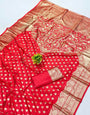 Lissome Red Pure Zari Weaving Banarasi Silk Saree With Enticing Blouse Piece