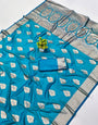 Amazing Firozi Pure Zari Weaving Banarasi Silk Saree With Ethereal Blouse Piece