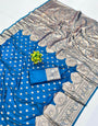 Smart Blue Pure Zari Weaving Banarasi Silk Saree With Chatoyant Blouse Piece