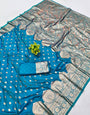 Panoply Firozi Pure Zari Weaving Banarasi Silk Saree With Staring Blouse Piece