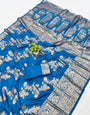 Nemesis Blue Pure Zari Weaving Banarasi Silk Saree With Elision Blouse Piece