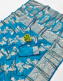 Most Stunning Firozi Pure Zari Weaving Banarasi Silk Saree With Luxuriant Blouse Piece
