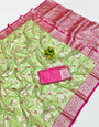 Profuse Pista Pure Zari Weaving Banarasi Silk Saree With Sensational Blouse Piece