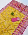 Lustrous Yellow Pure Zari Weaving Banarasi Silk Saree With Rhapsodic Blouse Piece