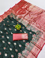 Sumptuous Dark Green Pure Zari Weaving Banarasi Silk Saree With Refreshing Blouse Piece