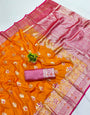 Glamorous Orange Pure Zari Weaving Banarasi Silk Saree With Tantalizing Blouse Piece