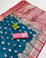 Glowing Rama Pure Zari Weaving Banarasi Silk Saree With Fairytale Blouse Piece